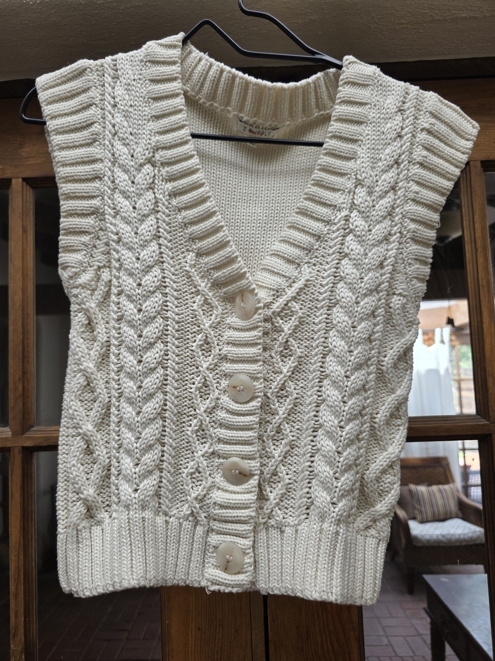 Z Supply Cream Cable Knit V-Neck Button Front Vest